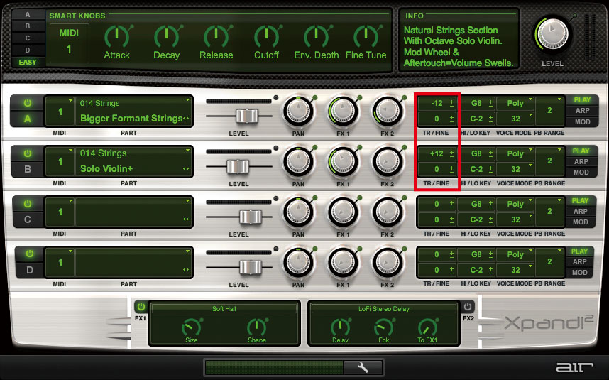 Xpand!2で2種類のストリングス音色を重ねた状態。上段は1オクターブ低い音域、下段は1オクターブ高い音域にアサインしている（赤枠）