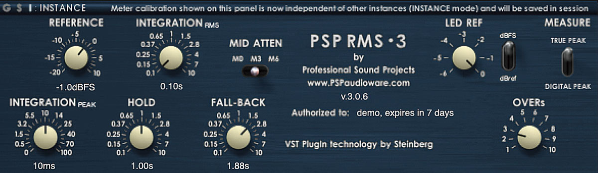 画面⑦　PSP RMS3のリア・パネル画面。画面右上のMEASUREスイッチがTRUE PEAKになっている場合、PSP RMS3は4倍のオーバー・サンプリング・モードになるため、通常よりも正確にメーターが表示される