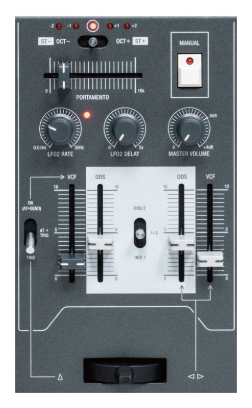 LFO 2は鍵盤左側のセクションにRATEとDELAYのつまみが用意されている。その下にあるVCF/DDSフェーダーでは、カットオフやピッチのモジュレーションの深さを調整できる