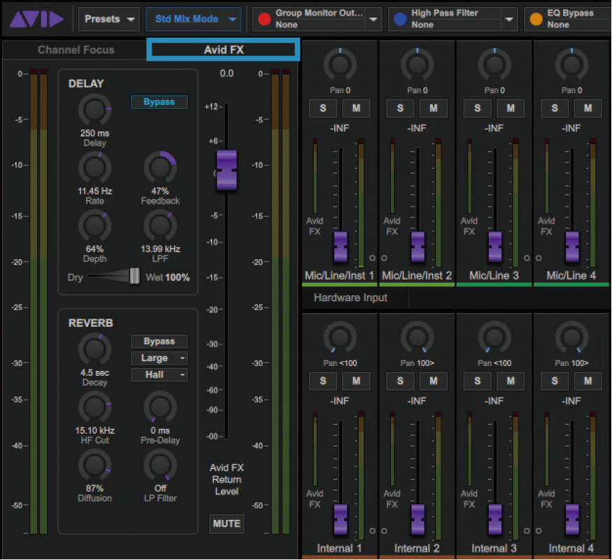 Channel Focusの隣にあるタブのAvid FX（青枠）を選ぶと、リバーブやディレイのコントロール画面に切り替わる。各チャンネルのフェーダーも色が変わり、エフェクトのかかり具合の調節に変更する
