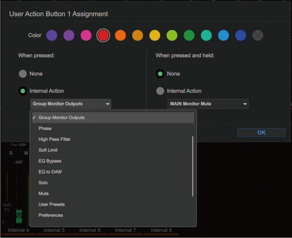 Mbox Studio本体の中央にある4つのボタンUser Action Buttonの色やアサインする機能は、Mbox Control画面上部にあるツールバーから設定できる