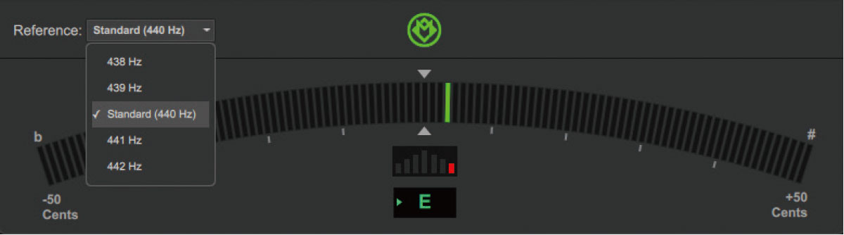 チューナーはツールバー右側にあるTuneを押すと表示される。またチューナー使用時は、Mbox Studio本体のレベル・メーター上にアルファベットがドット表記され、本体のみでもチューニングできるようになっている