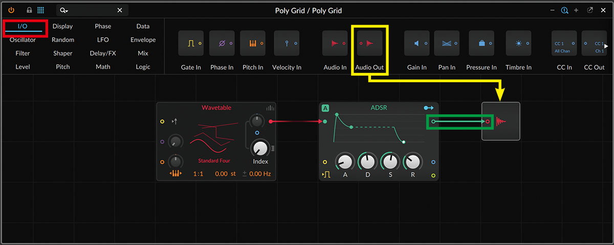 I/Oカテゴリー（赤枠）から、Audio Outモジュール（黄枠）を選んで配置し、ADSRのSIGNAL OUTとAudio OutのSIGNAL INを接続する（緑枠）。これでシンプルなシンセが完成