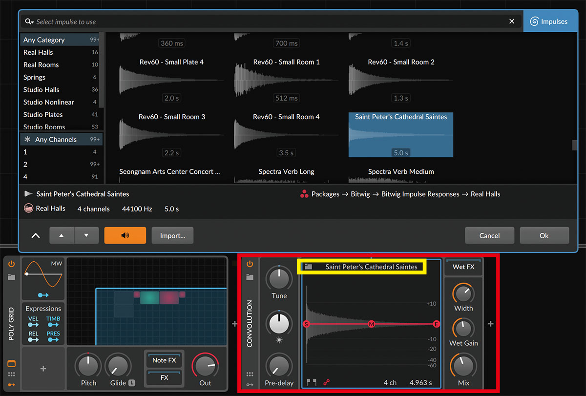 コンボリューション・リバーブのConvolution（赤枠）を追加し、黄枠部分をクリックしてインパルス・レスポンスを選んでいるところ