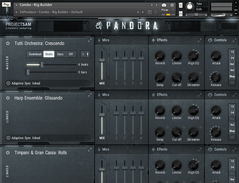 シネマティック・アンサンブル・サウンドに特化したソフト音源、PROJECT SAM Symphobiaシリーズの一つ、Symphobia 4: Pandora。ライザーやフォールといったエフェクト・サウンドを作成することができる