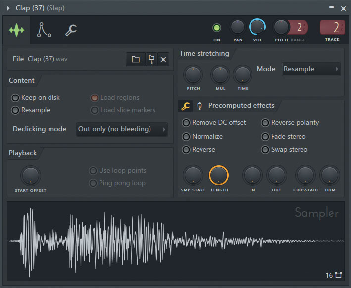 IMAGE-LINE FL Studioに付属するソフト・サンプラー、Channel Sampler。画面左上には、現在読み込んでいるオーディオ・ファイルの名前が表示される。その下にはContentセクション、Playbackセクションと続き、画面右上にはTime stretchingセクション、右下にはPrecomputed effectsセクションを搭載。画面最下段には、各セクションで行った操作とリアルタイムに連動する波形ウィンドウを備えている