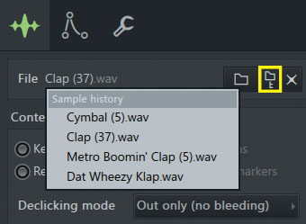 現在読み込んでいるオーディオ・ファイルの名前の部分を右クリック（MacではControlキーを押しながらクリック）すると、これまでロードした複数のオーディオ・ファイルの名前がSample historyとして表示される。またLocate sample in browserボタン（黄枠）を押すと、現在ロードしているオーディオ・ファイルの場所をBrowser上に表示させることができる