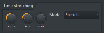 “Time stretching”セクション。左からPITCHノブ、MULノブ、TIMEノブ、そしてタイム・ストレッチ時のモードを選択するためのModeメニューを備えている
