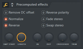 “Precomputed effects”セクション。ノーマライズやリバース、位相反転といった機能を備える。このほか、SMP STARTノブではオーディオ・ファイルのスタート・ポイントを、LENGTHノブでは長さを、IN/OUTノブではフェード・イン／フェード・アウトを調整することも可能だ