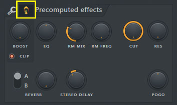 Precomputed effectsセクションではデフォルトでToolsページが表示されるが、“Effects”ボタン（黄枠）を押すとEffectsページへ切り替えが可能。このページではディストーションやEQ、リング・モジュレーション、リバーブ、ディレイといったエフェクトを付加／調整することができる。また、POGOはオーディオ・ファイルをピッチ・ベンド・ダウンして、テープ・ストップのような効果を演出する