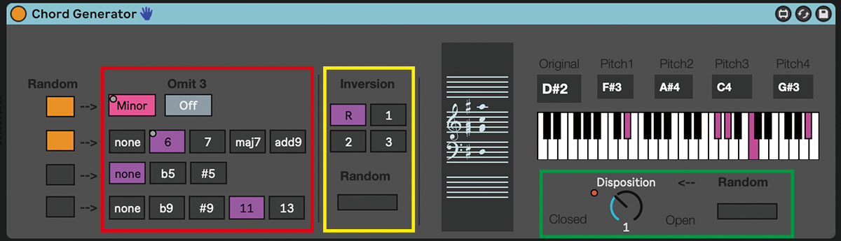 Chord Generator。1音入力するだけでコードを生成してくれるデバイス。赤枠内でメジャーかマイナーかなどの種類を設定し、黄枠では転回形を指定できる。緑枠のDispositionは密集や開離といった音域を調節するツマミ。それぞれにRandomボタンが用意されており、オンにするとオレンジ色に点灯する。なお、本デバイスはhttps://www.nilsnordmann.de/にて配布されている