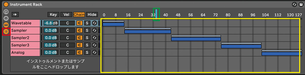 Instrument Rackを立ち上げ、赤枠をクリックしてチェーンリストを表示し、インストゥルメントを複数並べたら、各チェーンのゾーン（黄枠）をドラッグで設定する。なお、LFOにマッピングするパラメーターは緑枠のChain Selectorだ