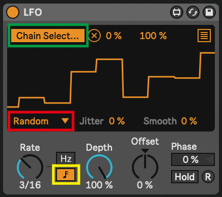 Instrument Rackをランダマイズするために使用したLFO。波形でRandomを選び（赤枠）、音符アイコンをクリックしてテンポに同期させる（黄枠）。あとは緑枠（デフォルトではMapと表示されている）をクリックしてから、Instrument RackのChain Selectorをクリックする。そうすると、Chain Selectorがランダムに動く