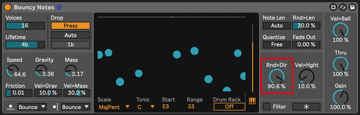 Bouncy Noteは、画面に見えるボールが落ちて弾むことで音を鳴らすデバイス。ランダマイズするには、赤枠のRnd>Direつまみを上げていく。このデバイスはABLETONが提供するMax for Live Pack『Inspired by Nature』に収録されており、https://www.ableton.com/ja/packs/inspired-nature/からダウンロードできる