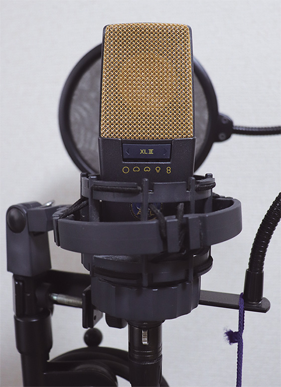 マイク・スタンドには、コンデンサー・タイプのAKG C414 XLIIをセット