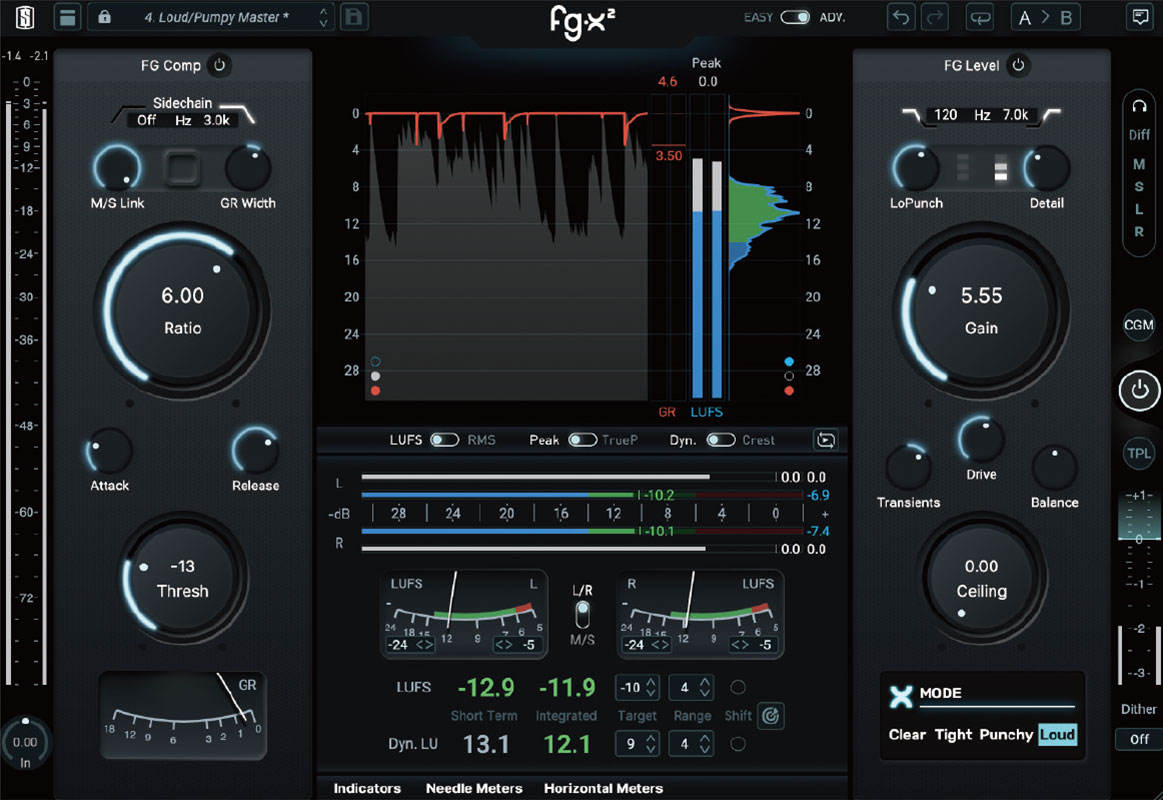 画面②　アドバンスドビューの画面。左側のコンプレッサーFG Compについては、音をミッドとサイドに分けて調整できるM/S LinkとGR Widthのツマミに加え、サイド・チェイン・フィルターが追加で表示される。右側のリミッターFG Levelでは、ロー成分を調整するLo Punchおよびハイ成分を調整するDetailツマミに対する周波数設定フィルターと、Transients/Drive/Balanceの３つのツマミが追加で表示される