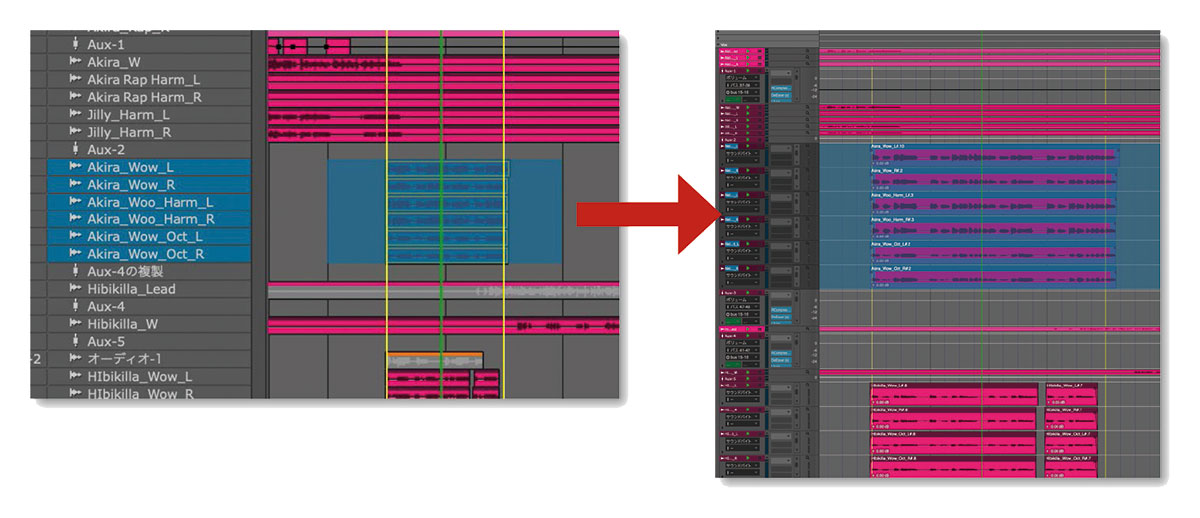 トラックウインドウで、複数のトラックをコンピューターのキーボードのShiftを押しながら範囲選択してSを押すと、選択した状態のままシーケンスウインドウが立ち上がる