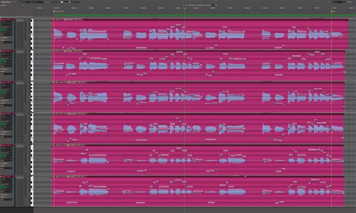 6つのボーカル・トラックのピッチ補正機能を同時に表示した状態。それぞれのトラックの関連性を確認しながら調整できる