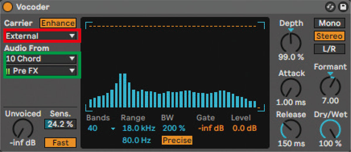 Vocoderを読み込んだら、Carrier（赤枠）をExternal、Audio From（緑枠）を前段階で作ったコード・トラックに設定