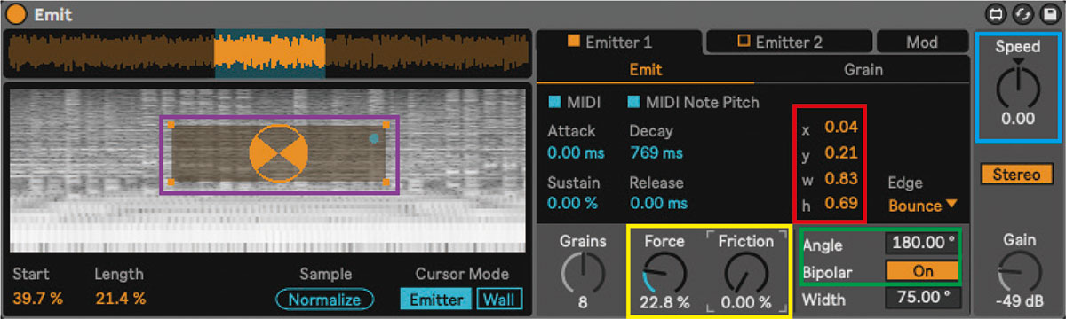 グリッチ・サウンド作りに筆者が重宝するM4Lデバイスのグラニュラー・シンセ、Emit。左画面の中央に設定されたEmitter（紫枠）から球体が登場し、通り道の音が鳴る。Emitter Position（Emitterの範囲）はx/y/w/hのパラメーターで設定（赤枠）。黄枠内のForceは初期速度、Frictionは減速度合いを調整でき、緑枠内のAngleでは再生方向の角度調整、Bipolarはマイナス方向の動きを追加する。基本速度は右上のSpeed（青枠）ノブで調整。EmitはMax for Live Pack『Inspired by Nature』に収録（www.ableton.com/ja/packs/inspired-nature/からダウンロード可能、Live suiteのみ対応）