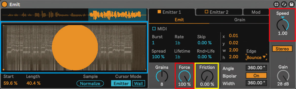 SpeedとForce（いずれも赤枠）を最大値、Friction（黄枠）を0、Emitter Position（青枠）をループ全体に設定した様子。ループ全体が細かく刻まれ、グレインが散り散りかつランダムに発音されるため、シンプルなループでも過激なグリッチに変化させられる