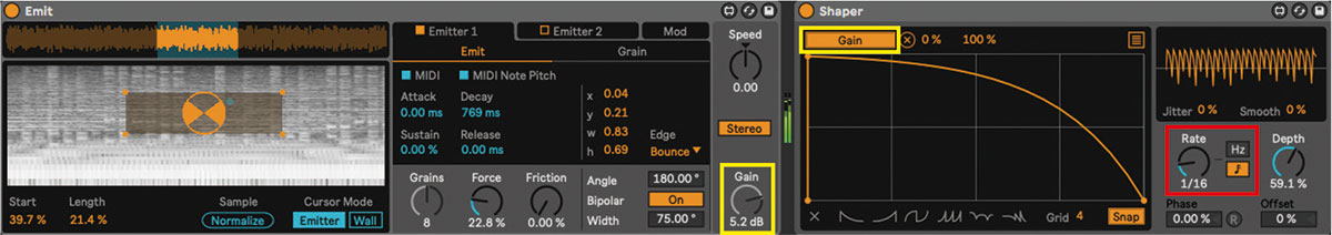 Emitで作成したサウンドがビートになじまないときは、M4LデバイスのShaperで音量を制御。16分音符で連打するニュアンスを加える場合には、減衰するカーブを書いて、Rateを1/16に設定（赤枠）。EmitのGain（黄枠）をマッピングすることで、16分音符で刻み続けながらもランダムに変化するサウンドができる