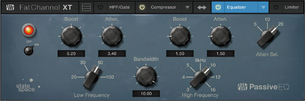 Fat Channel XTのPassiveは、PULTEC EQP-1AタイプのEQ。ノブを回したときの音色変化が大きく、筆者はエフェクティブな音作りに活用