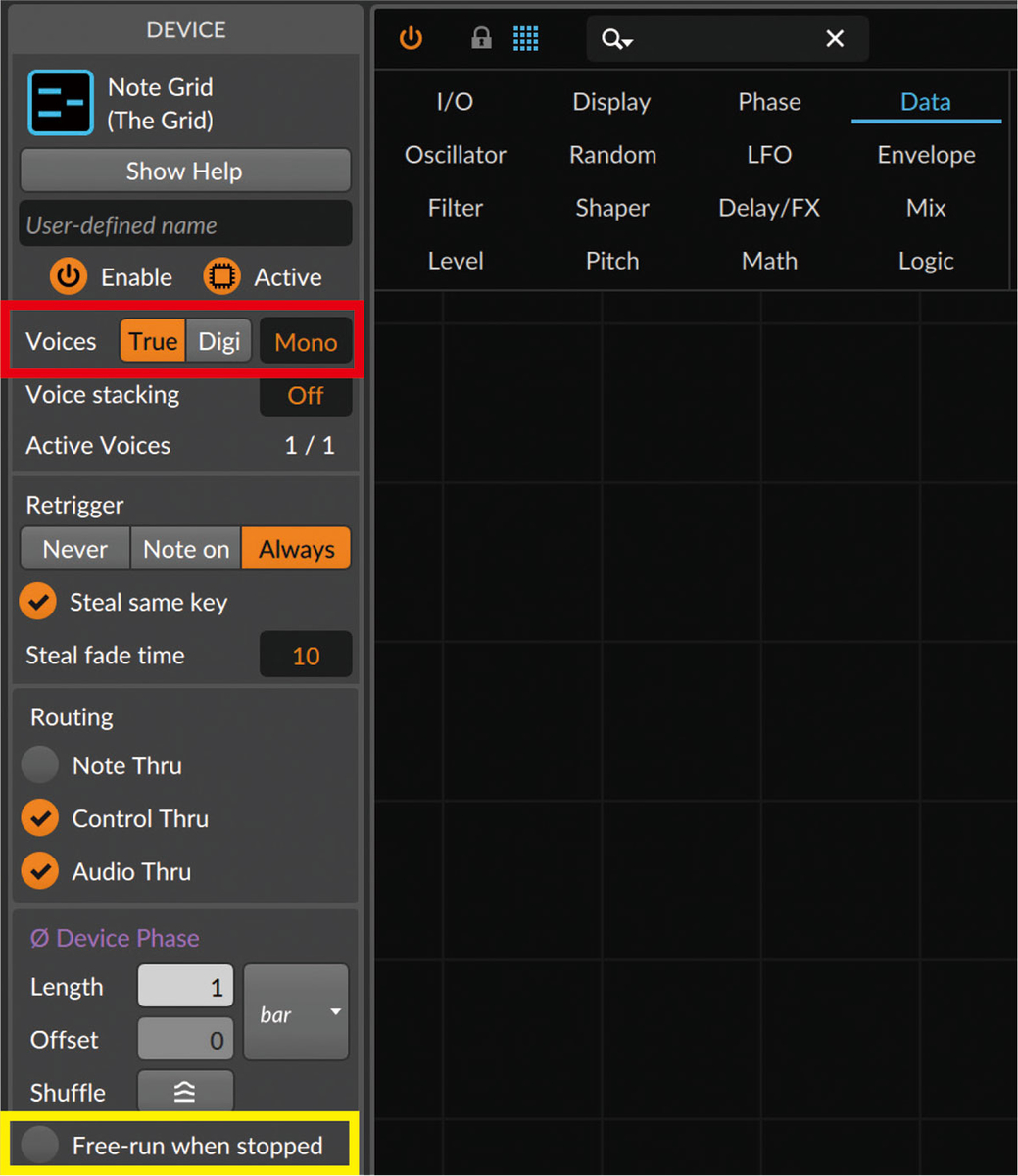 画面左のインスペクターパネルに表示されるNote Gridのオプション。Voices（赤枠）は“0”に設定することで自律して動作するようになる（“Mono”と表示されている欄はデフォルトで“12”と表示されており、ここに0を入力するとMono表示になる）。またFree-run when stopped（黄枠）のチェックを外すと、再生を停止しているときは動作しなくなり、再生ボタンを押したときだけ動作するようになる