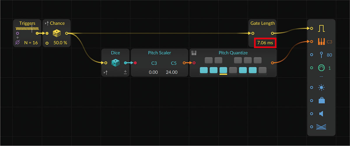 Chanceモジュールと出力モジュールのノートの間にGate Lengthモジュールを接続。赤枠の値を変えると音の長さが変化することがわかるだろう