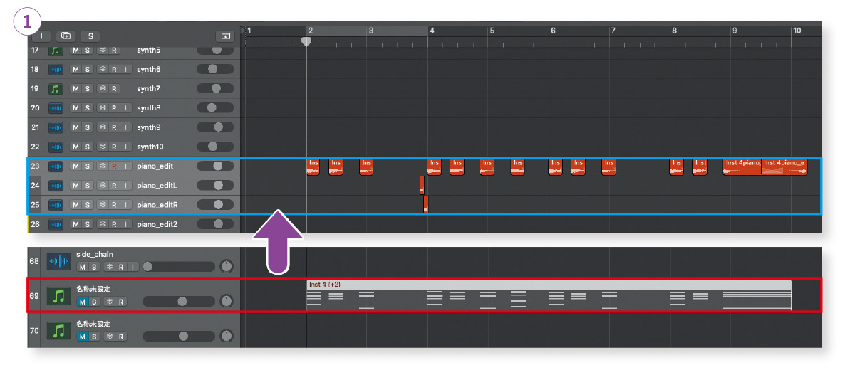 ピアノのMIDIデータ（赤枠）をオーディオ化（青枠）。オーディオは各音をMIDIノートより短くしている