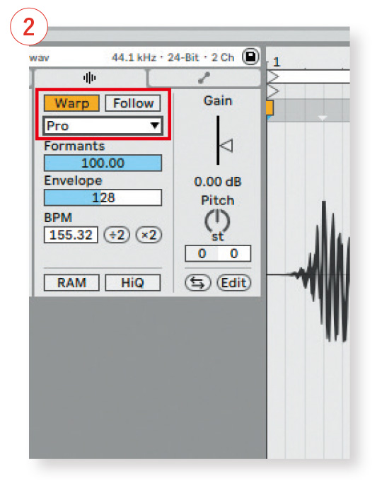 ABLETON LiveのWarpモード（赤枠）では複数のアルゴリズムを選べる。画面はComplex Proを選択しているが、そのほか曲のテンポを参照元にするBeatなども用意されている