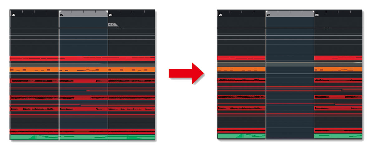 左画面のように、プロジェクトウィンドウで空間を挿入したい部分をロケーターで指定した後、メニュー・バーから“編集→範囲→無音部分を挿入”をクリック。そうすると、右画面のように、全トラックの指定した部分に無音空間が挿入される