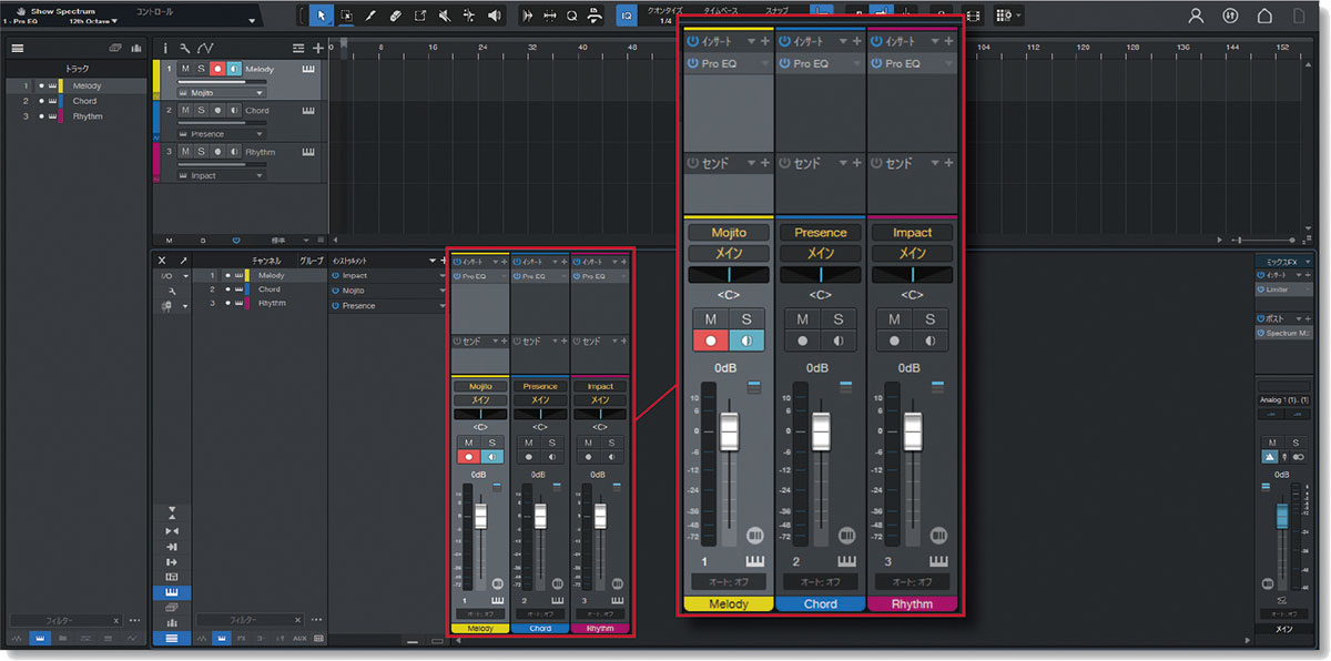 オリジナル・テンプレートの中身。計３trで、メロディとコード、リズムを打ち込むためのトラックがスタンバイ（赤枠）。これらに、音を聴きやすく整えるPro EQ3を挿し、マスターにはLimiterと周波数アナライザーSpectrum Meterを挿して簡易的な音圧上げを行えるようにしています