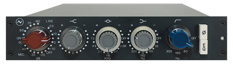 NEVE 1073（写真は現在の復刻モデル1073N）。ゲイン、Hi（12kHz）、Mid、Low、ハイパス・フィルターが並ぶ構成