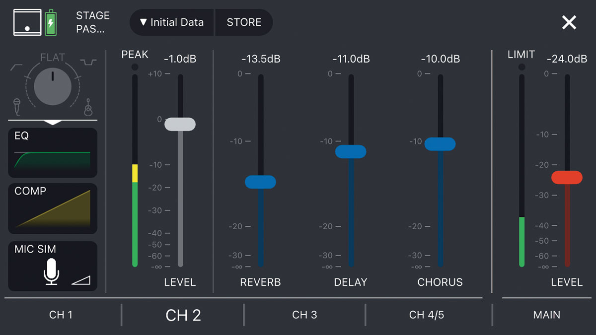 専用アプリのStagepas Controller。それぞれの入力チャンネルを一度に表示するミキサー画面のほか、画面のように特定のチャンネルのエフェクトなどを細かく調整することも可能だ