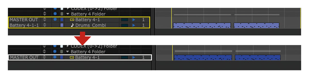 黄枠は、MIDIトラック“Drums Combi”とインストルメントトラック“Battery 4-1”を分けた状態。これまでソフト・シンセ・プラグインなどの音源を使用する際は、MIDIトラックとインストルメントトラックをそれぞれ立ち上げる必要があったが、白枠のように1トラックでMIDIと音源を両方立ち上げられるようになった。なお、従来通りMIDIトラックとインストルメントトラックを分けることも可能