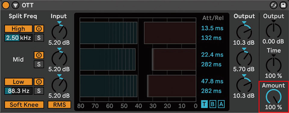 Liveのエフェクト・デバイスMultiband Dynamicsのプリセットの一つであるOTT。Amountノブ（赤枠）で掛かり具合を設定します。Low/Mid/HighのOutputやAtt/Relの調整で各帯域の出具合を決められます