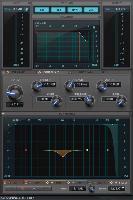 こちらはキックをまとめたAUXトラックにインサートされたAVID Channel Strip。コンプレッサーは軽く整える程度で、EQは高域と中域を削っている