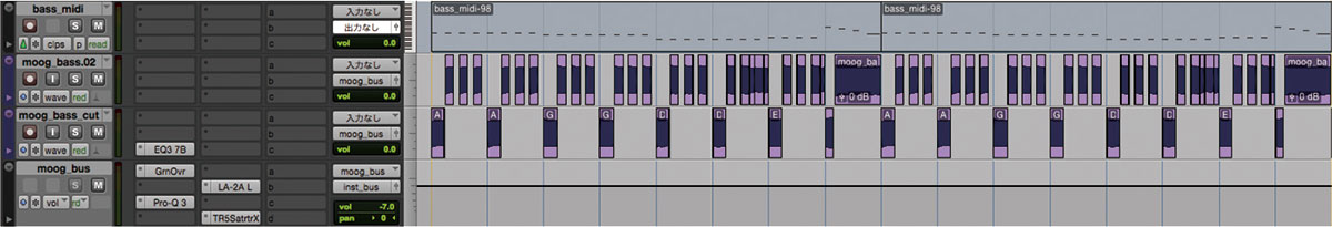 「トカトカ」のベースをオーディオで貼り付けた様子。上のトラックは仮で打ち込んだMIDIのベース