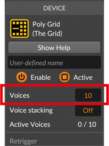 Poly GridのオプションでVoices（赤枠）を“Mono”から“10”に変更する