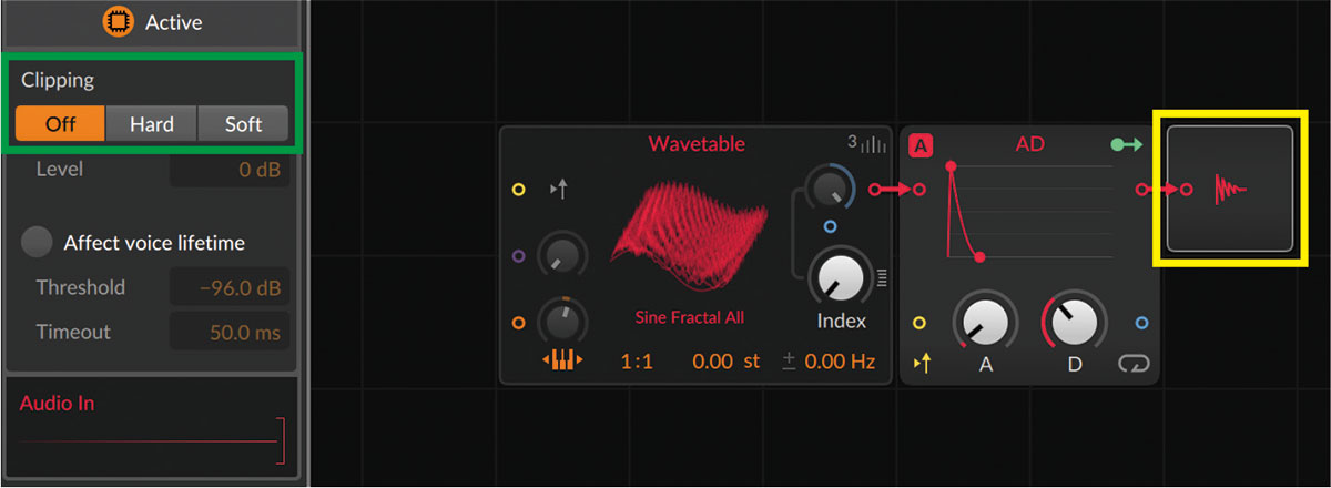 Audio Outモジュール（黄枠）をクリックしてから、オプションの“Clipping”を“Off”に変更する（緑枠）