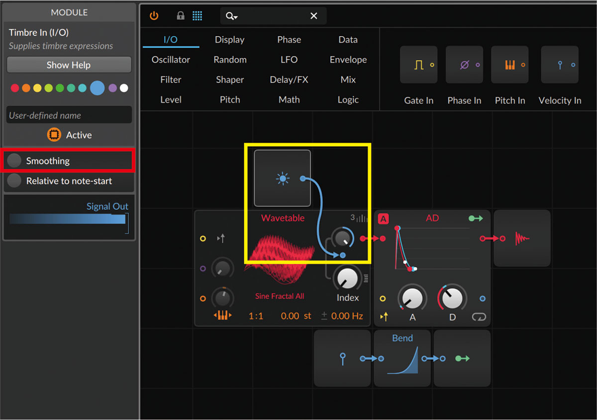 Timbre InモジュールをWavetableモジュールのTable Index Inポートへ接続（黄枠）。また、Timbre Inモジュールのオプションにある“Smoothing”（赤枠）をオフにすることで、値の変化を補間なしに即時適用できる