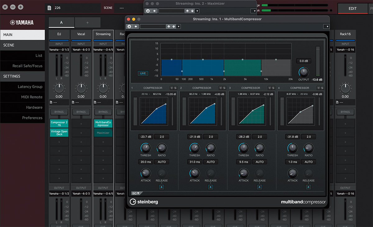 今回使用されたVST Rack Pro。立ち上がっているのはSteinberg MultibandCompressor。Maximizerとともに配信用のステレオ・アウトにインサートされた。またDJのチャンネルではYamaha Compressor 276とVintage Open Deckを使用