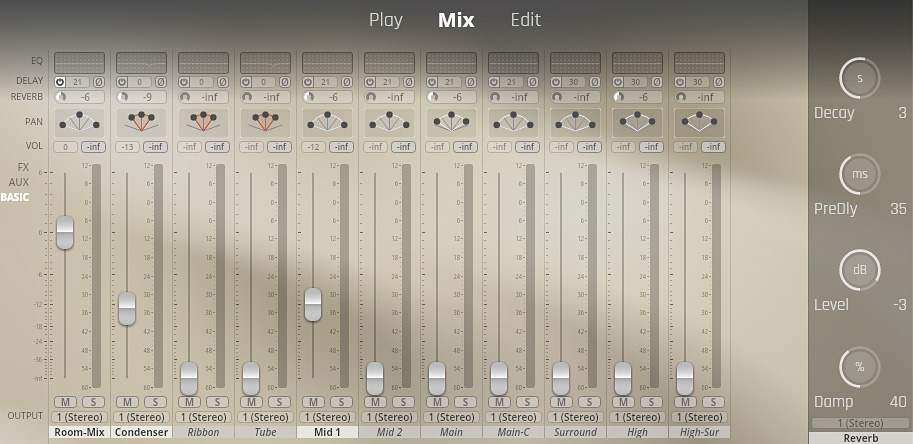 各マイクのミックス・バランスを調節するMix画面。Room-Mix（ステレオ）、Condencer（クローズ）、Mid 1（チューブ）、Main（デッカ・ツリーL/R）、Main-C（デッカ・ツリー・センター）が標準搭載で、そのほかはエクステンデッド・ライブラリのマイク