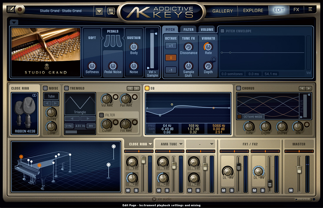 エディット画面。左上がペダルなどの楽器設定、その右にピッチ／フィルター／アンプなどのパラメーター、中段にはマイクのチャンネル・ストリップがある。下段左のピアノ図は選択中のマイクを示し、その右にミキサーを配置