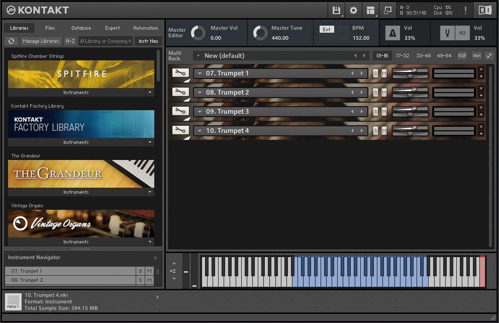 NATIVE INSTRUMENTSのソフト・サンプラー、Kontaktにブラス音源のAARON VENTURE Infinite Brassを読み込み、トランペットを4つ立ち上げたところです