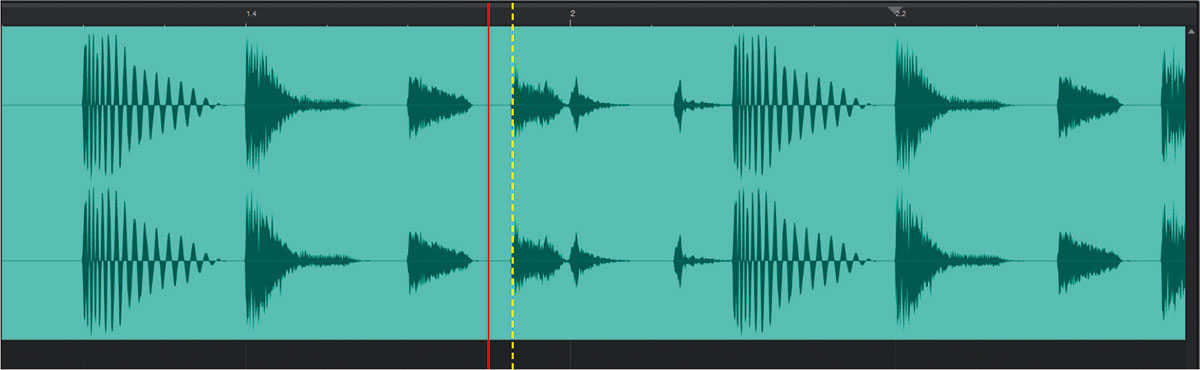 赤線はストレートな16分裏(8分音符を16分音符2個で分割したときの2個目の16分音符の位置)のタイミング。黄色の点線で示した波形の頭の位置とずれています
