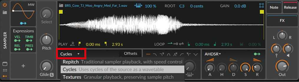 Samplerに牛の声をインポートしたら、赤枠部分をCyclesに変更