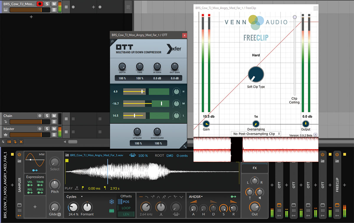 Bitwig Studio上に立ち上がっている画面の左がマルチバンド・コンプのXFER RECORDS OTT、右がクリッパーのVENN AUDIO FreeClip。その下を見るとOTTは4つインサートされているのがわかる。OTTとクリッパーはベース・サウンドの必須ツール！