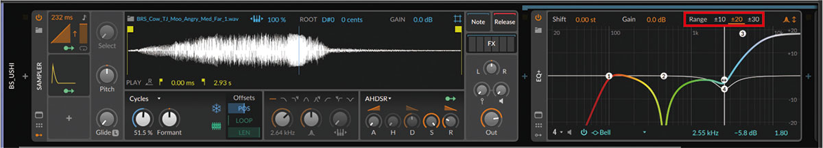 右の画面がEQ+。SamplerのFX内にインサートすると、Sampler内に立ち上げたモジュレーターが使える。①がLow-cut 4、②がNotch、③が高域を上げた状態。各数字を右クリック（macはcontrol+クリック）すると、それぞれの周波数帯域のカーブ・タイプを選択でき、Range（赤枠）の選択で表示範囲の拡大が可能